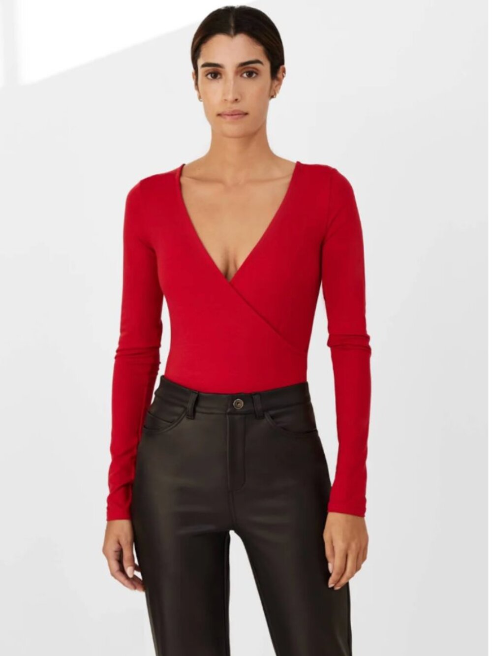 Marcella NYC Zora Bodysuit Red XS Long Sleeve V-Neck Tencel Jersey Wrap Style